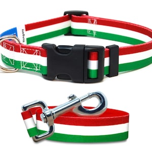 May include: A red, white, and green dog collar with a black buckle and a matching leash with a silver clip. The collar and leash feature the Hungarian flag.
