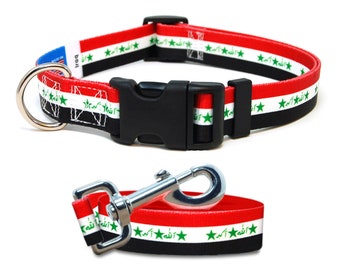May include: A red, white, and black dog collar with the flag of Iraq printed on it. The collar has a black plastic buckle and a silver metal D-ring. The leash is also red, white, and black with the flag of Iraq printed on it. The leash has a silver metal clip.