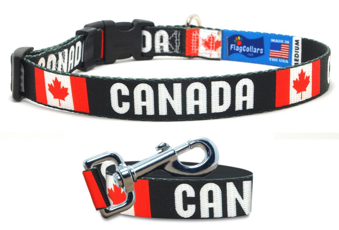 Canada Dog Collar and Leash Set Canadian Flag and Name Etsy