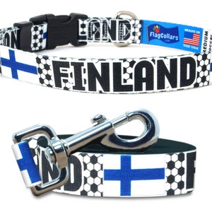 Matching Dog Collar and Leash Set | Finland Soccer | Extra Small to Extra Large | Great For Soccer Fans | Finland Flag