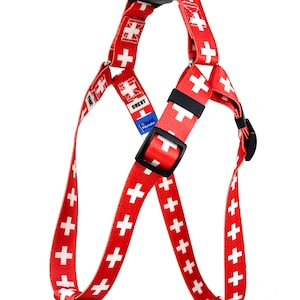 Switzerland Dog Harness | Step-in Style | 3 Point Adjustment | Swiss Flag | US Made | Single Quick-release Buckle | Matching Leash Available