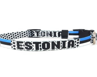 Estonia Cat Collar for Soccer Fans | Easy Release Safety Buckle | With D ring for Tags | Made in NJ, USA