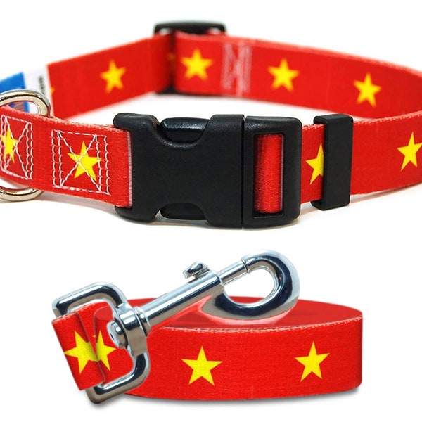 Hondenhalsband en riem set | Vlag van Vietnam | Xtra Groot, Groot, Middelgroot, Klein & Extra Klein | Gemaakt in NJ, USA |