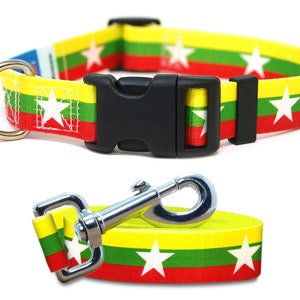 Dog Collar and Leash Set | Myanmar Flag | Xtra Large, Large, Medium, Small & Extra Small | Made in NJ, USA |