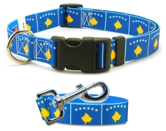 Dog Collar and Leash Set | Kosovo Flag | Xtra Large, Large, Medium, Small & Extra Small | Made in NJ, USA |