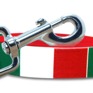 May include: A red, white, and green dog leash with a silver clip. The leash is made of a durable, woven material and features the colors of the Italian flag.