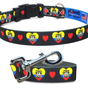 Dog Collar and Leash Set | I Love Ecuador  | Flag and Hearts | Buckle Style or Martingale | USA Made