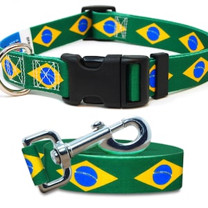 Dog Collar and Leash Set | Brazil Flag |  Xtra Large, Large, Medium, Small & Extra Small | Made in NJ, USA |