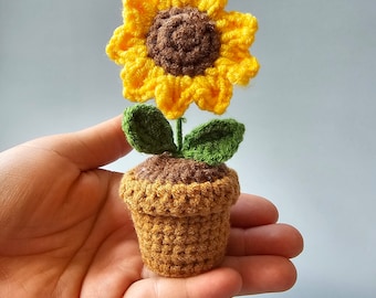 Teacher gift handmade crochet sunflower, daisy, heart in pot. End of term appreciation gift