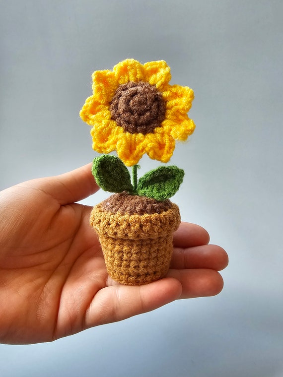 Teacher gift handmade crochet sunflower, daisy, heart in pot. End of term appreciation gift