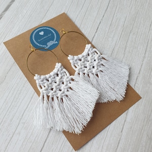 White tassel earrings, Long macrame earrings, Boho earrings , Dangle fringe earrings, Bridesmaid gift