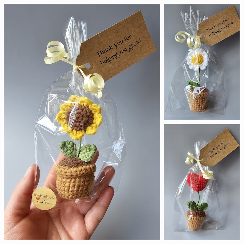 May include: Three crocheted potted plants with a tag that says "Thank you for helping me grow!" The plants are a sunflower, a daisy, and a red heart. Each plant is packaged in a clear plastic bag with a yellow ribbon.