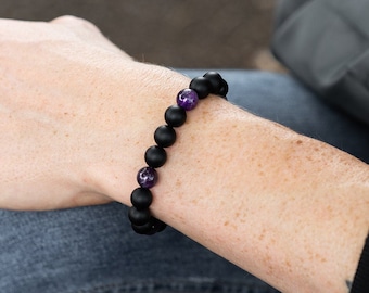 Amethyst Bracelet - Purple and Matte Black Onyx Gemstone Bracelet Beads - Men and Women Jewelry - Crystal Elastic Stretch Stone Bracelet 8mm