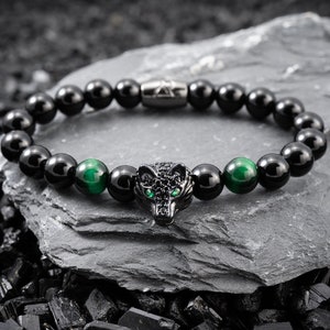 Wolf Bracelet - Glossy Onyx Green Tigers Eye - Men and Women Jewelry - Gemstone Beads - Dog Wolf Bracelet Animal Head - CZ Cubic Zirconia