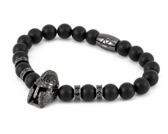 Black Spartan Helmet Bracelet - Onyx Cubic Zirconia - Men and Women Jewelry - Gemstone Beads - Crystal Bracelet Sparta Helmet Gunmetal 8mm