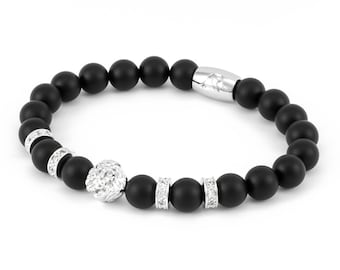 Bracelet lion en argent - Onyx et zircone cubique - Bijoux homme et femme - Perles de pierres précieuses - Bracelet en pierre CZ et cristal Tête de lion animal 8 mm