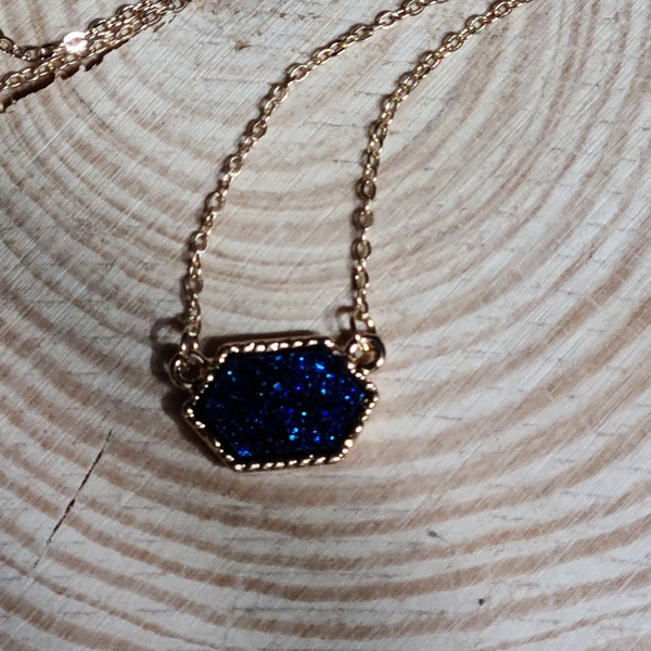Elongated Hexagon Navy Blue Drusy Necklace with Gold Tone Chain