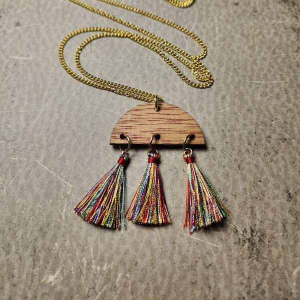 Wooden Charm & Multi-colored Tassle Necklace