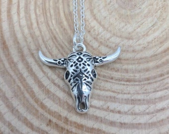 Silver Aztec Bull Skull Necklace