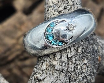 Silver-tone Moon & Stars Crystal Band Ring