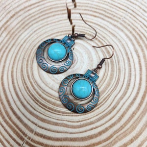 Scrolled Verdigris Bronze Circle Hoop Dangle Earrings