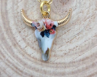 Resin Rose Bull/Cow Skull Necklace with Gold Chain