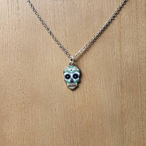 White Foral Day of the Dead Skull/Mask Enamel Necklace