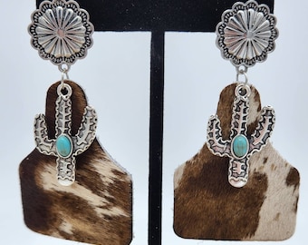 Brown Patch Leather Cow Print Cactus Cattle Tag Danngle Earrings