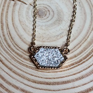 Small Hexagon White Drusy Necklace with Gold Tone Chain