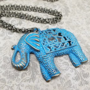 Ornate Verdigris and Bronze  Elephant Necklace