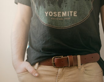 Simple Leather Belt Antique Brass Buckle, Minimal Belt For Men or Women, Unisex Belt, Medium Brown, Small, Large