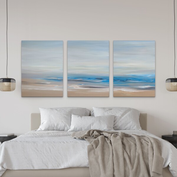 Très grand ensemble de 3 peintures océan bleu, art mural original sur toile de plage, décoration murale triptyque de 31,5 x 71,5 pouces, paysage marin de plage