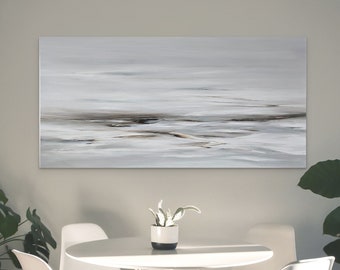 Large earthy abstract landscape wall art, neutral original painting, 24 x 48 inch white & gray abstract ocean beach art, minimalist seascape