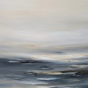 May include: Abstract painting with a muted color palette of beige, brown, and gray. The painting depicts a seascape with a horizon line and layers of water.