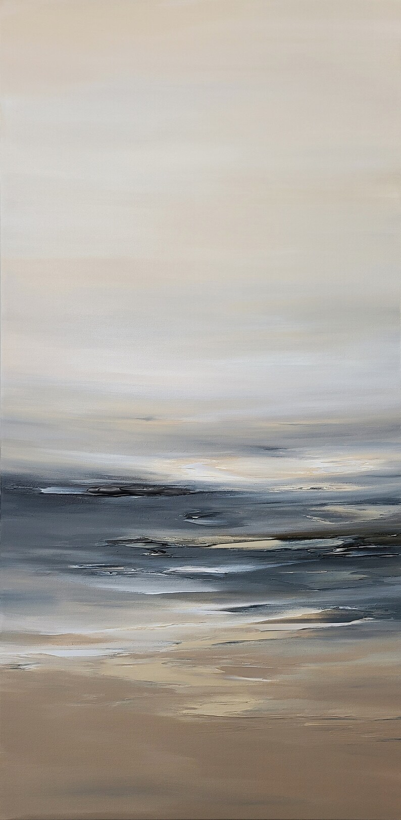May include: Abstract painting with a muted color palette of beige, brown, and gray. The painting depicts a seascape with a horizon line and layers of water.