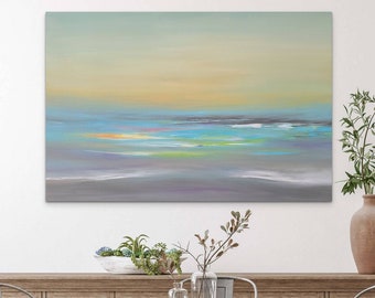 Pastel seascape original wall art, 24 x 36 inch Ocean art, abstract landscape canvas art, colorful minimalist beach painting.
