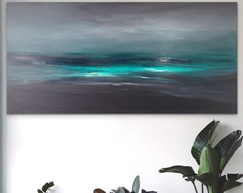 Large original minimalist landscape wall art, 24 x 48 inch night sea art, green and black moody abstract seascape painting, ,