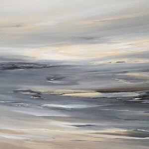 May include: Abstract painting with a seascape theme. The painting features shades of gray, white, and beige, creating a calming and serene atmosphere.
