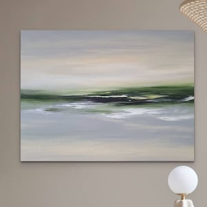 May include: Abstract painting with a muted color palette of green, gray, and white. The painting depicts a landscape with a horizon line and a body of water.