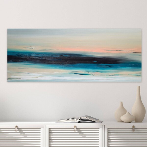 Art abstrait original de mur d’océan, peinture marine et rose de plage, grand art de mur de toile de paysage, 16 x 40 pouces prêt à accrocher l’illustration.