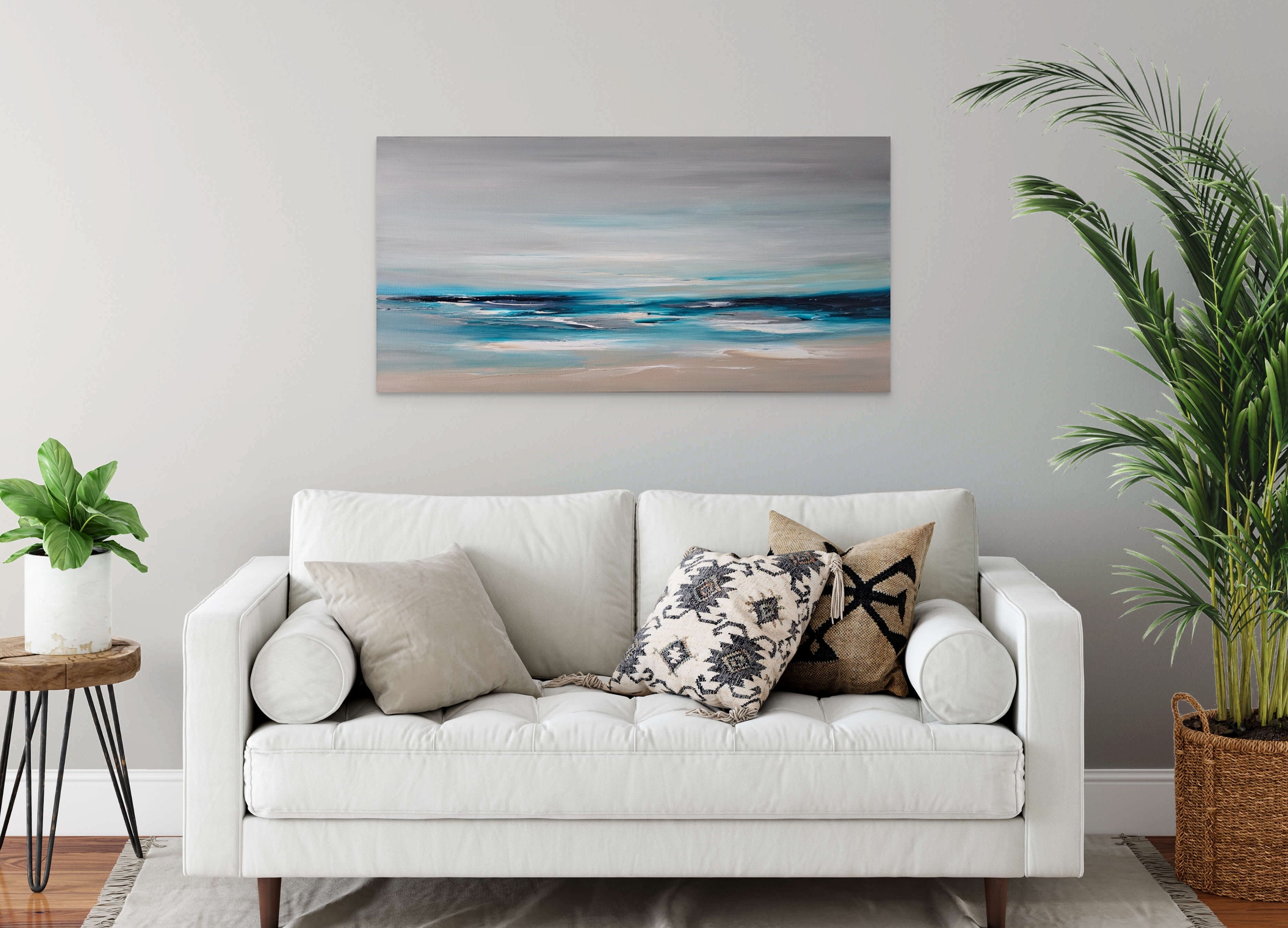 Large Turquoise Blue Original Abstract Ocean Wall Art, 24 X 48