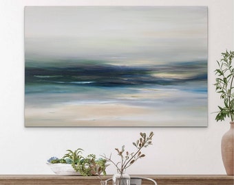 May include: Abstract painting of a seascape with shades of blue, green, and white. The painting depicts a calm ocean with a hazy sky above.