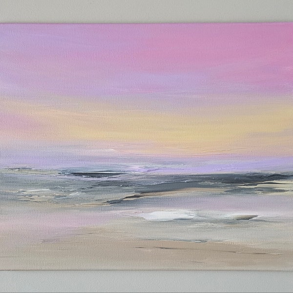 Art mural paysage abstrait lever de soleil rose, peinture minimaliste sur toile 16 x 20 pouces, oeuvre d'art sur la plage de l'océan, paysage coucher de soleil, art original,