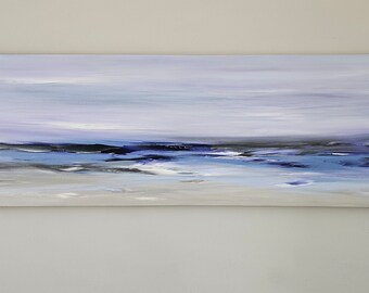 Large Abstract Ocean Painting: Blue Gray Beach Landscape Art