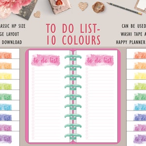 May include: A pink Happy Planner with a turquoise coil binding. The planner has a white page with a watercolor-style "to do list" title at the top. The planner is surrounded by 10 different colored "to do list" banners.