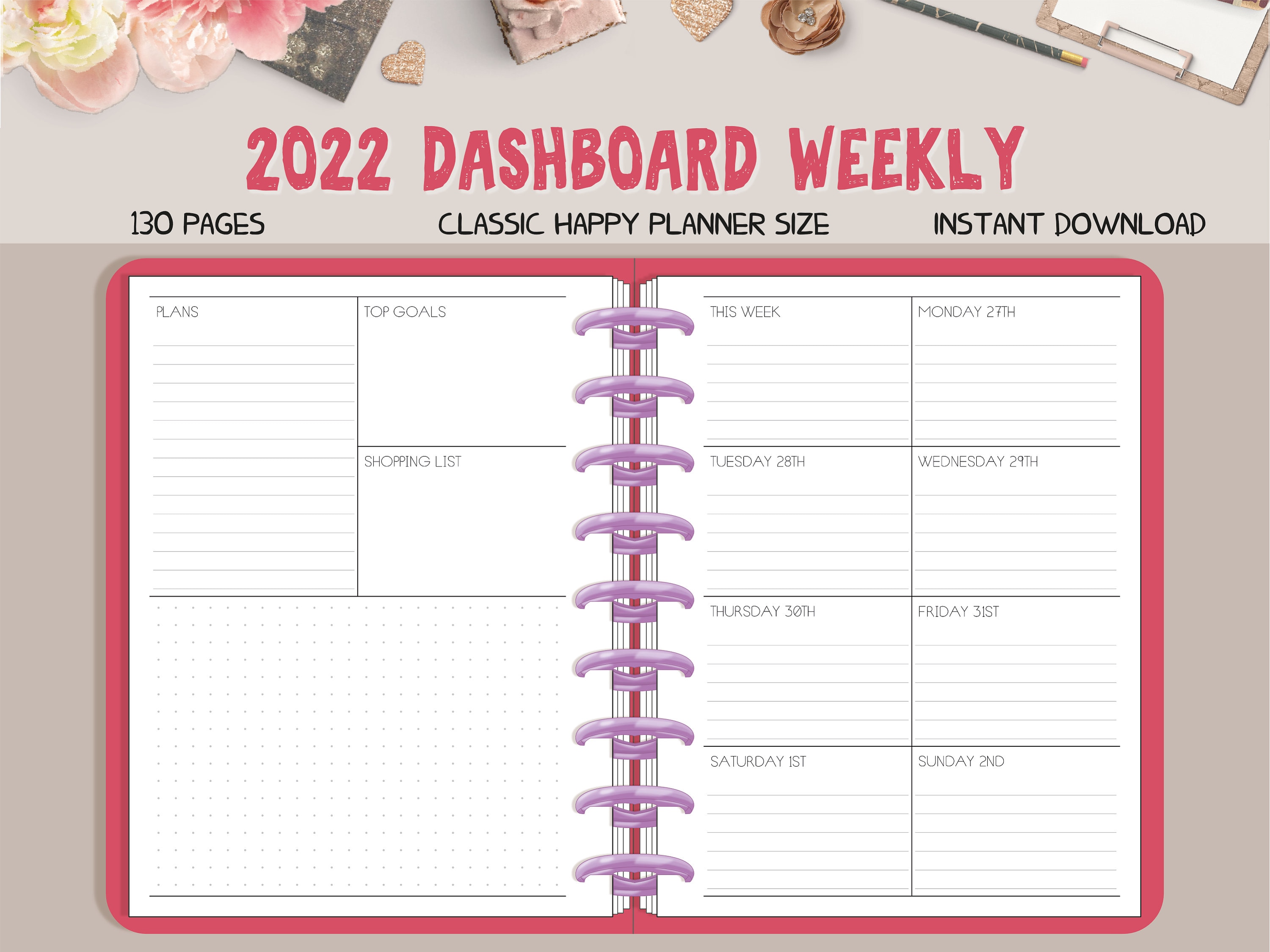 2022 dashboard layout weekly planner printable classic happy etsy