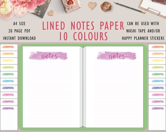May include: Digital lined notes paper with the text "notes" in a purple watercolor design. The paper is A4 size and comes in 10 colors. The text "LINED NOTES PAPER" is displayed in red.