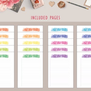 May include: A set of printable to-do list pages with watercolor-style headers in various colors. The headers include the text "to do list" in a handwritten font.