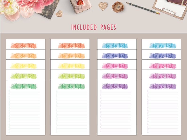 May include: A set of printable to-do list pages with watercolor-style headers in various colors. The headers include the text "to do list" in a handwritten font.