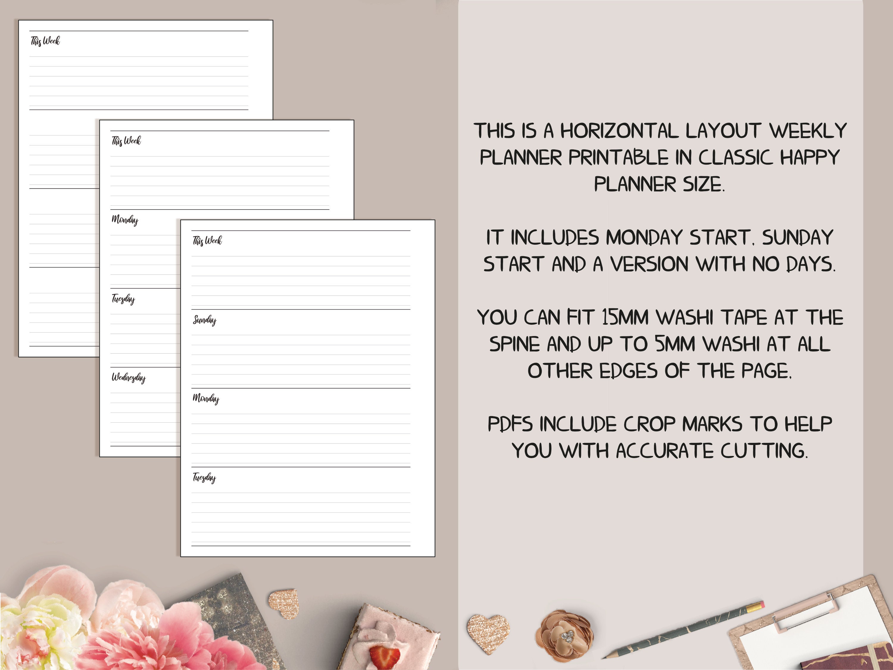 Horizontal Layout Weekly Planner Printable, Classic Planner Inserts ...